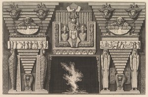 エジプト風のチムニーピース：左側に2人のミイラと2人の人物...、ca。 1769。 作： Giovanni Battista Piranesi