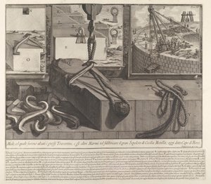 トラバーチンと大理石のブロックを上げるためのテクニックを示すデモパネル。1756年。 作： Giovanni Battista Piranesi
