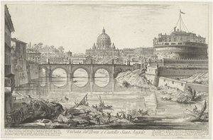 Engelenbrug en Engelenburcht te Rome サンタンジェロ橋と城の眺め (オブジェクトのタイトル) Gezichten op Rome (シリーズタイトル) Giambattista Piranesi の建築家 Ve(nez)iano によって描かれ彫刻されたローマの景色 (シリーズ タイトル) 作： Giovanni Battista Piranesi