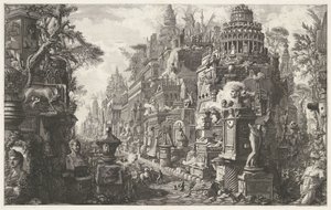 口絵はアッピア アンティカ通りで幻想的な物語に出会った 「Le Antichità Romane」第 2 巻の口絵 門の外側の 2 番目の石にあるアッピア街道とアルデーティア街道の古代の交差点の眺め (オブジェクトのタイトル) Archeologische vondsten in en 作： Giovanni Battista Piranesi