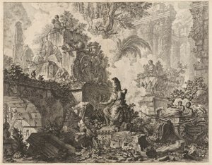 口絵、中央前景にミネルヴァの像がある廃墟の幻想、Vedute di Roma (Views of Rome) より 作： Giovanni Battista Piranesi