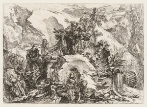 グロテスキ：デスヘッドとスケルトンの遺跡。 作： Giovanni Battista Piranesi