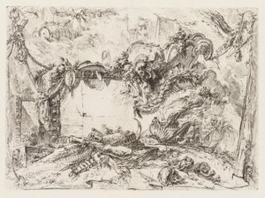 グロテスキ: 骸骨と煙る花瓶のある廃墟 作： Giovanni Battista Piranesi