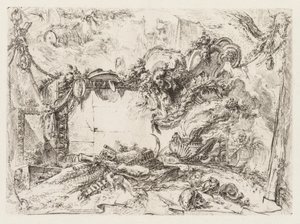 グロテスキ：頭蓋骨と喫煙花瓶のある遺跡1745-50。 作： Giovanni Battista Piranesi
