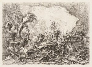 グロテスキ：牧神の像と倒れた柱のある遺跡1745-50。 作： Giovanni Battista Piranesi