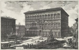 ローマのファルネーゼ宮殿 パラッツォ ファルネーゼのビュー (オブジェクトのタイトル) Gezichten op Rome (シリーズタイトル) Giambattista Piranesi の建築家 Ve(nez)iano によって描かれ彫刻されたローマの景色 (シリーズ タイトル) 作： Giovanni Battista Piranesi
