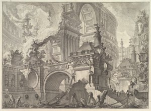 古代ローマ人によってほのめかされた大きな壮大な港の一部であり、ここで... 1749-50。 作： Giovanni Battista Piranesi