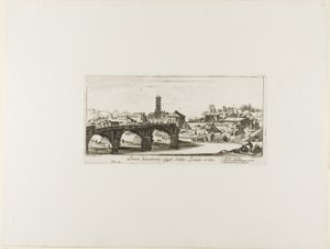 上院議員橋、今日ではポンテ・ロット（壊れた橋）と呼ばれている。1.ヴェスタ神殿2.フォルトゥナ・ヴィリリス神殿3.凱旋門とその他のモニュメントのいくつかの眺めより、古代パラティーノの一部、プレート14。 作： Giovanni Battista Piranesi