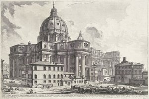Sint-Pietersbasiliek vanaf 聖具広場 バチカンの偉大なサン ピエトロ大聖堂の外観 (オブジェクトのタイトル) Gezichten op Rome (シリーズタイトル) Giambattista Piranesi の建築家 Ve(nez)iano (時代) によって描かれ彫刻されたローマの景色 作： Giovanni Battista Piranesi