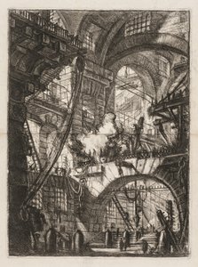 監獄: 中央に煙る火のあるアーチの遠近法 作： Giovanni Battista Piranesi