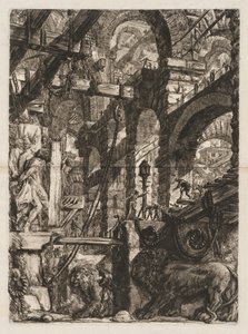 刑務所：2頭のライオンが救済に彫られたローマのアーチの展望...、1745-50年。 作： Giovanni Battista Piranesi