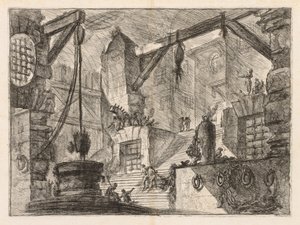 刑務所: 広い階段のある列柱の内部 作： Giovanni Battista Piranesi