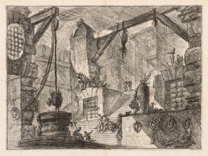 刑務所：広い階段がある列柱内部、1745-1750。 作： Giovanni Battista Piranesi