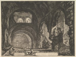 チボリのいわゆるマエセナスの別荘。 ...のオープニングに2人の人物がいるインテリア。 1764。 作： Giovanni Battista Piranesi