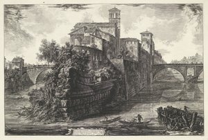 ティベレイランド テ ローマ テベレ島の眺め (オブジェクトのタイトル) Gezichten op Rome (シリーズタイトル) Giambattista Piranesi の建築家 Ve (nez) iano (シリーズ タイトル) によって設計および彫刻されたローマの景色 作： Giovanni Battista Piranesi