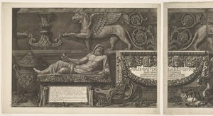 彫刻、彫刻が施されたレリーフ、タイトル付きの石棺を含むタイトルプリント Giovanni Battista Piranesi (シリーズ タイトル) によって設計および彫刻された、花瓶、燭台、墓石、石棺、三脚、ランプ、装飾品 Vasi、candelabri、cippi、sarcophagi 作： Giovanni Battista Piranesi