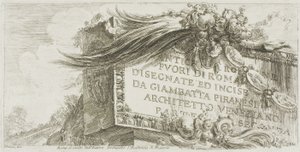 タイトルページ：ヴェネチアの建築家ジャンバッタ・ピラネージが描いたローマ郊外の古代ローマ美術。第二部、凱旋門とその他のモニュメントのいくつかの眺めより 作： Giovanni Battista Piranesi