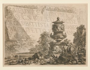 タイトル ページ: ジャンバッティスタ ピラネージが描いて刻んだローマの景色 Architetto Veneziano (ベネチアの建築家、ジャンバッティスタ ピラネージが描いてエッチングしたローマの景色)、『ヴェドゥーテ ディ ローマ』より