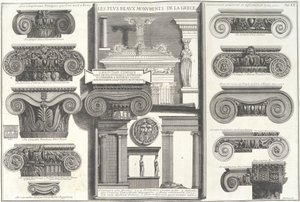 ギリシャの例と比較したさまざまなローマのイオニアの首都...、18世紀半ば。 作： Giovanni Battista Piranesi