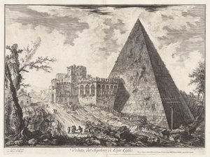 Vedute di Roma (ローマの眺め) からのセポルクロ ディ カホ チェスティオ (カイウス ケスティウスのピラミッド型の墓の眺め [Porta S. Paolo を左に]) の眺め 作： Giovanni Battista Piranesi