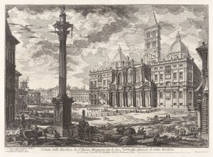 Vedute di Roma (Views of Rome) からの 2 つの隣接する翼を持つサンタ マリア [マッジョーレ] 聖堂の眺め 作： Giovanni Battista Piranesi