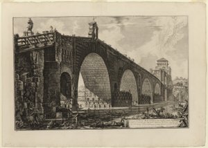 Views of Rome から、ローマの外 2 マイルにあるテヴェレ川に架かるポンテ モール [またはミルウィウス橋] の眺め 作： Giovanni Battista Piranesi