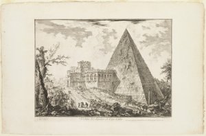 ローマの景色からのケスティウスのピラミッド型の墓の眺め 作： Giovanni Battista Piranesi