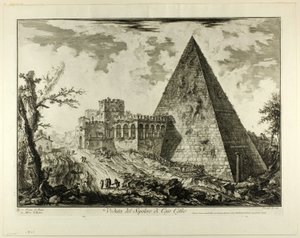 ローマの景色からのケスティウスのピラミッド型の墓の眺め 作： Giovanni Battista Piranesi