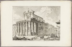 ローマの眺めから、フォロ ロマーノのアントニヌスとファウスティナ神殿の眺め 作： Giovanni Battista Piranesi