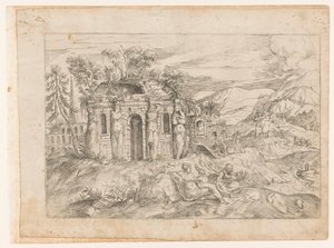 カリアティードのある古代寺院のある風景 作： Giovanni Battista Pittoni (I) (attributed to)