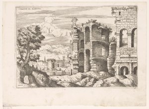 Gezicht op het Colosseum en omgeving te Rome コロッセオ ro 目論見書 (オブジェクトのタイトル) ローマの遺跡（シリーズタイトル） ローマ古代のいくつかの重要なモニュメント (...) (シリーズタイトル) 作： Giovanni Battista Pittoni (I)
