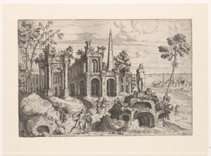 古代遺跡、彫刻、オベリスクのある風景 廃墟のある風景（連載タイトル） 作： Giovanni Battista Pittoni (I)