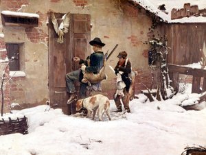 狩りから戻る。 G.Quadroneによる絵画。 1890 ミラノ