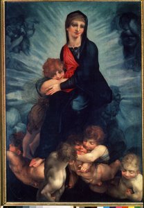The Virgin and the Child with angels (聖母子と天使)。 フィオレンティーノ ロッソ (1495-1540) の絵画。 キャンバスに油彩