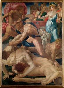 モーゼがエテロの娘たちを守る - 油彩・キャンバス 作： Giovanni Battista Rosso Fiorentino