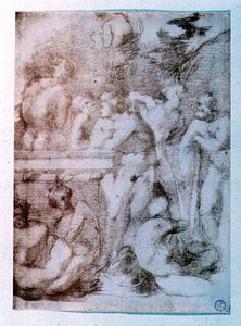 会話中の男性ヌードの習作（赤チョーク） 作： Giovanni Battista Rosso Fiorentino