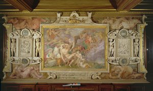 アドニスの死、フランシスコ1世のギャラリーの装飾的なスキームの詳細、1530年〜40年のフレスコ画と漆喰 作： Giovanni Battista Rosso Fiorentino