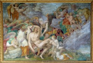 アドニスの死」フォンテーヌブローのフランソワ1世の回廊の南側第5トラバースのフレスコ画。ジョヴァンニ・バッティスタ・ディ・ヤコポ・ロッソ（1494-1541）による絵画 作： Giovanni Battista Rosso Fiorentino