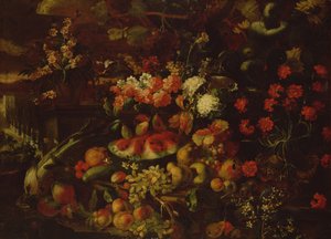 果物、野菜、花のある静物 作： Giovanni Battista Ruoppolo or Ruopolo