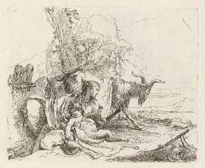 小さなサテュロスと 2 頭のヤギを持つニンフ、Vari capricci (Various Capriccios) より 作： Giovanni Battista Tiepolo