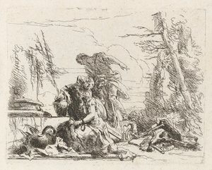 Vari capricci (さまざまなカプリッチョス) から、腕を鎖でつながれた女性と他の 4 人の人物 作： Giovanni Battista Tiepolo