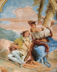 アンジェリカが1757年にパラッツィーナのオーランドフリオオソの部屋からメドロスの名前を木に彫る 作： Giovanni Battista Tiepolo