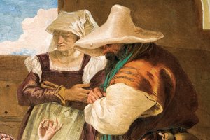 1757年、パラッツィーナのオーランドフリオオソの部屋からの、農民の休暇を取っているアンジェリカとメドーロの詳細 作： Giovanni Battista Tiepolo