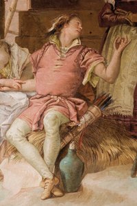 1757年パラッツィーナのオーランドフリオオソの部屋から、アンジェリカとメドーロが農民を去るメドロの詳細 作： Giovanni Battista Tiepolo