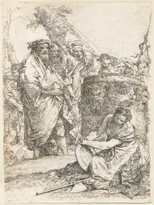 頭蓋骨と骨のある燃える祭壇の前の魔術師と他の人物 作： Giovanni Battista Tiepolo