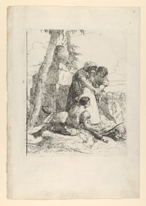 魔術師が燃える頭を 2 人の若者に向けている。Scherzi から。 1743-50。 作： Giovanni Battista Tiepolo