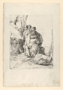 スケルツィの煙る祭壇の近くに 4 人の人物を持つ魔術師、カリフォルニア州。 1743-52。 作： Giovanni Battista Tiepolo