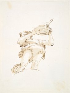 下から見た、鶏の入った盆を運ぶ男性の姿 作： Giovanni Battista Tiepolo
