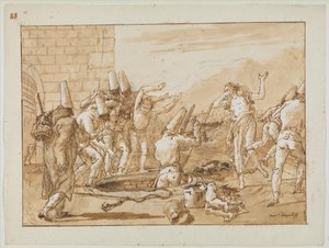 Punchinello井戸から死んだ鶏を回収する、1800年頃 作： Giovanni Battista Tiepolo