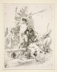 2 人の魔術師に話しかけるパンチネッロ、シリーズ「幻想曲スケルツィ」より 作： Giovanni Battista Tiepolo